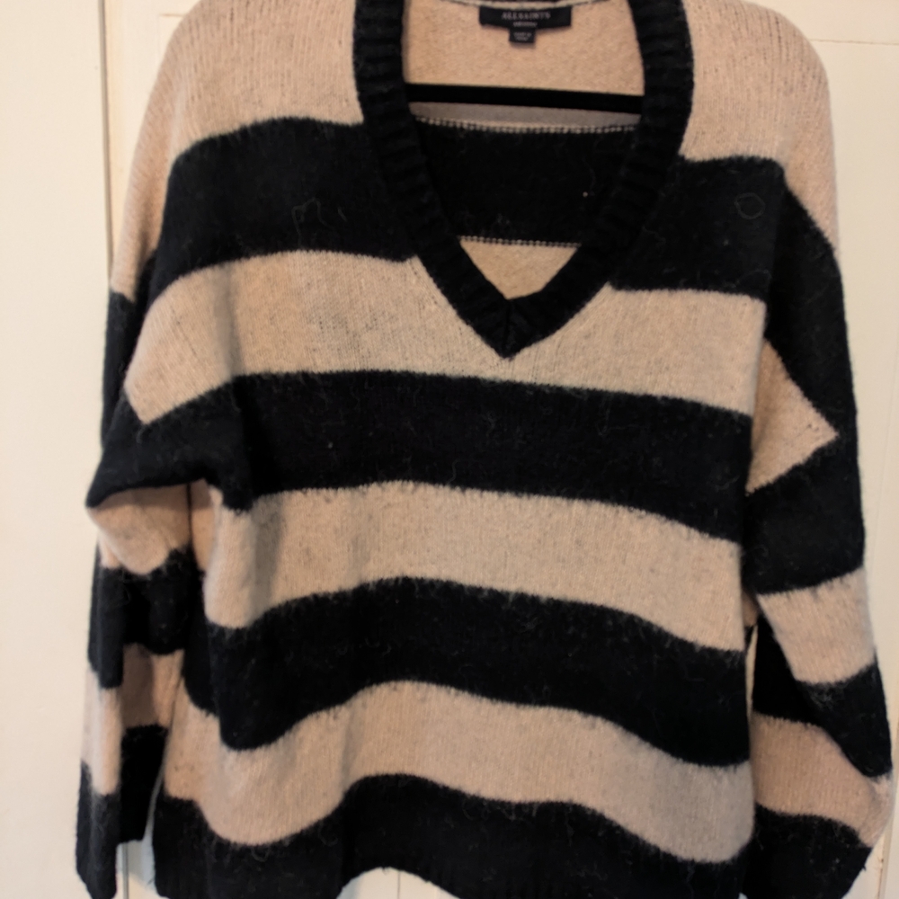 All Saints Black and Cream Striped V-Neck Sweater